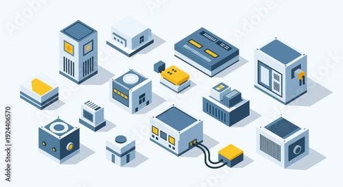 Collection of futuristic isometric industrial equipment and machinery modules.