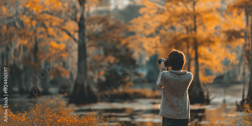Young woman in the autumn park taking photos of the landscape
