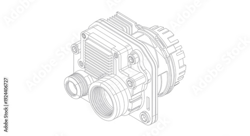 Detailed technical drawing of an automotive alternator in isometric view.