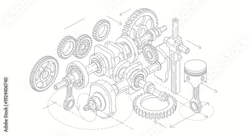 Detailed technical drawing of disassembled engine parts for mechanical engineering.