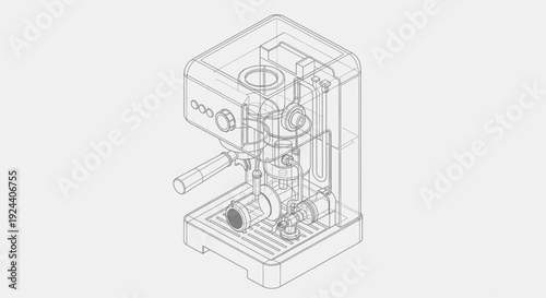 Detailed Wireframe Illustration of an Espresso Machine for Coffee Preparation.