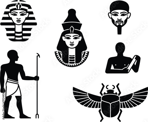 Flat design close up egyptian icon set pharaoh mask queen scarab standing figure head portrait in black ancient symbolic silhouette