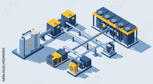Industrial complex with pumps and cooling towers isometric view.