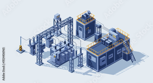 Industrial Electrical Power Substation Equipment Isometric View.