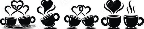 Minimalist vector coffee cup pair with heart shaped steam close up angled cups touching on white background romantic black silhouette