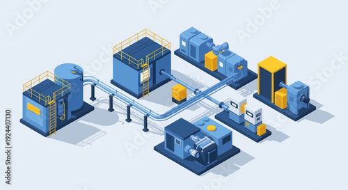 Industrial machinery and equipment complex with pipes and tanks.
