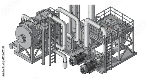 Industrial machinery with complex piping and structural elements.