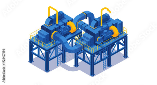 Industrial machinery with pipes and platforms isometric view.