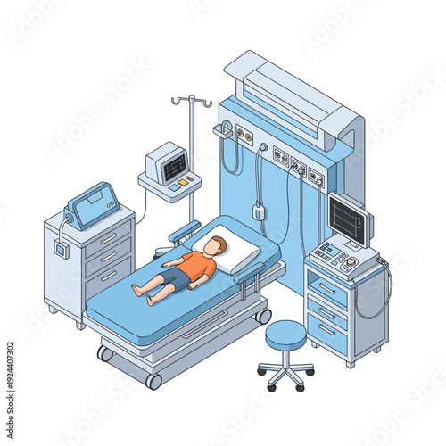 Hospital operating room with patient on bed and medical equipment.
