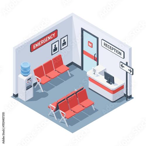 Hospital Waiting Room with Reception and Emergency Sign.
