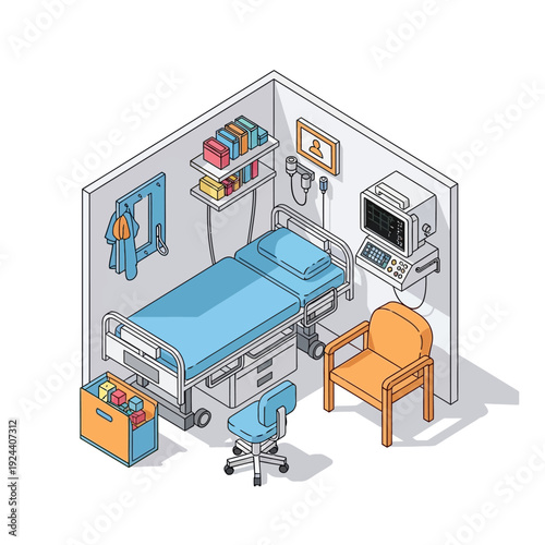 Hospital Room Interior with Medical Equipment and Patient Bed.