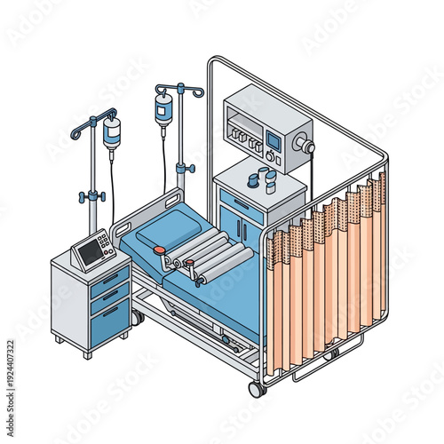 Hospital Room with Medical Equipment and Patient Bed.