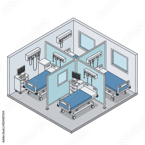 Hospital Ward with Four Patient Beds and Medical Equipment.