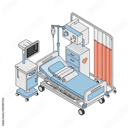 Hospital Room Medical Equipment and Patient Bed Illustration.