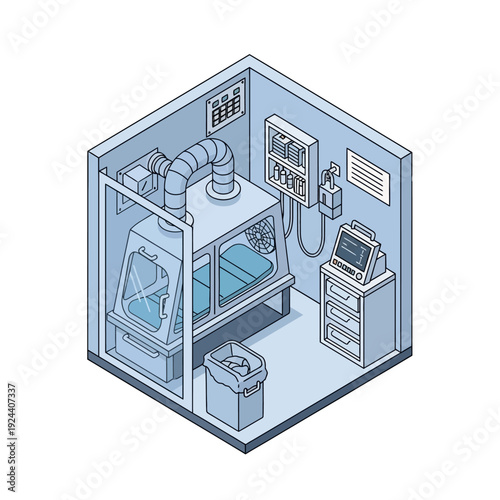 Isometric laboratory equipment with ventilation system and computer.