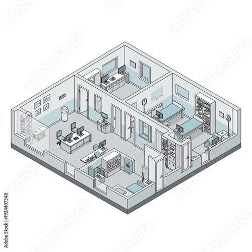 Isometric view of a modern office and living space with detailed interior design.