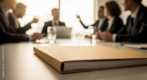 Closed beige notebook lying on modern office conference table in foreground with blurred group of businesspeople in formal suits discussing project near laptop and glasses of water against bright wind