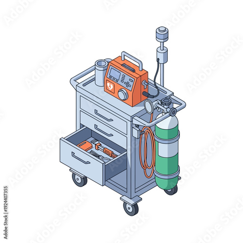 Medical Emergency Cart with Oxygen Tank and Equipment.