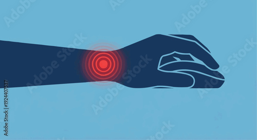Carpal tunnel syndrome vector illustration with red pain spot on wrist holding computer mouse.