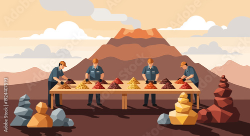 People gathered around a long table sharing a communal feast in a rocky desert landscape.