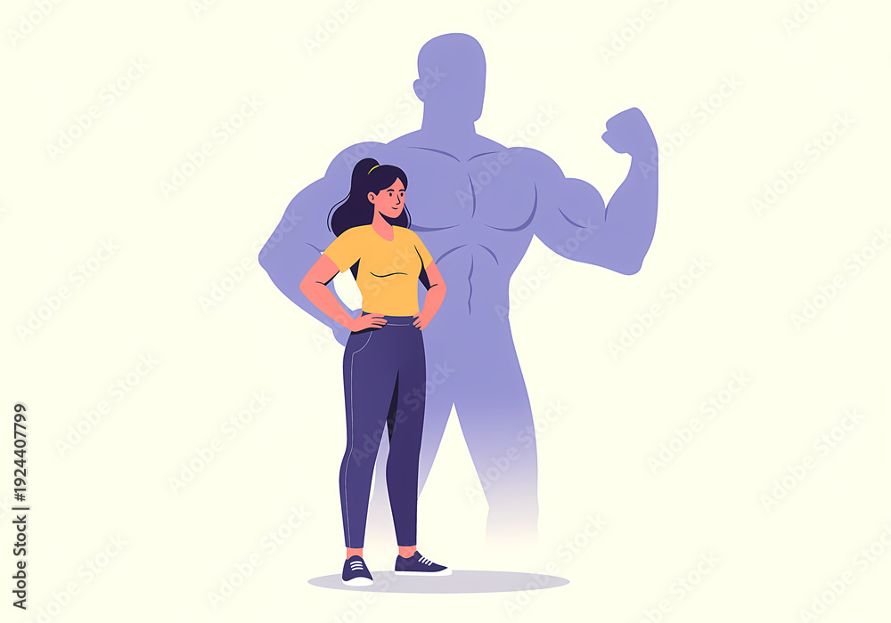 Fototapeta premium Woman standing confidently in front of large muscular man shadow