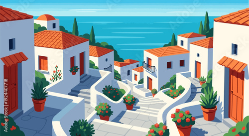 Colorful hillside village by the sea with white houses and orange roofs overlooking the coast.