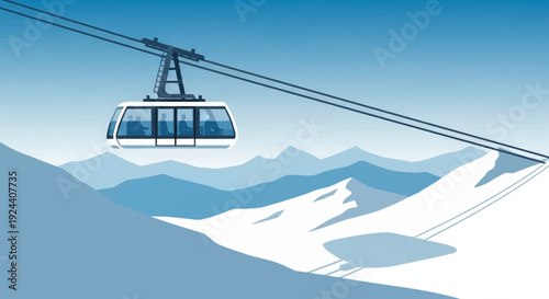 Snowy Alpine Mountainscape with a Gondola Lift Crossing Blue Sky and Snowy Peaks.