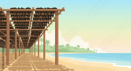Sunlit beach boardwalk with wooden pergola along a tranquil seaside shore and distant palm trees.