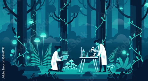 Two figures in a glowing forest share a tranquil tea ceremony beneath luminous blue trees.