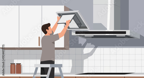 Person on Ladder Installing Kitchen Range Hood During Home Renovation.