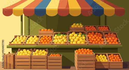 Colorful outdoor fruit and vegetable market stall with fresh produce display.