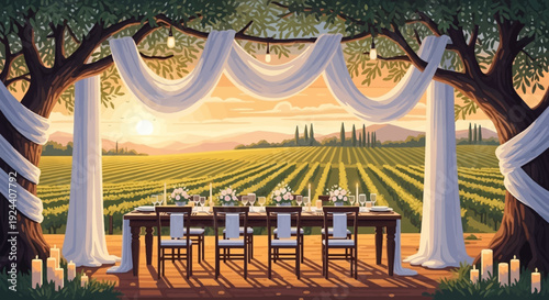 Sunset Vineyard Wedding Ceremony Setup in an Elegant Outdoor Garden Pavilion.