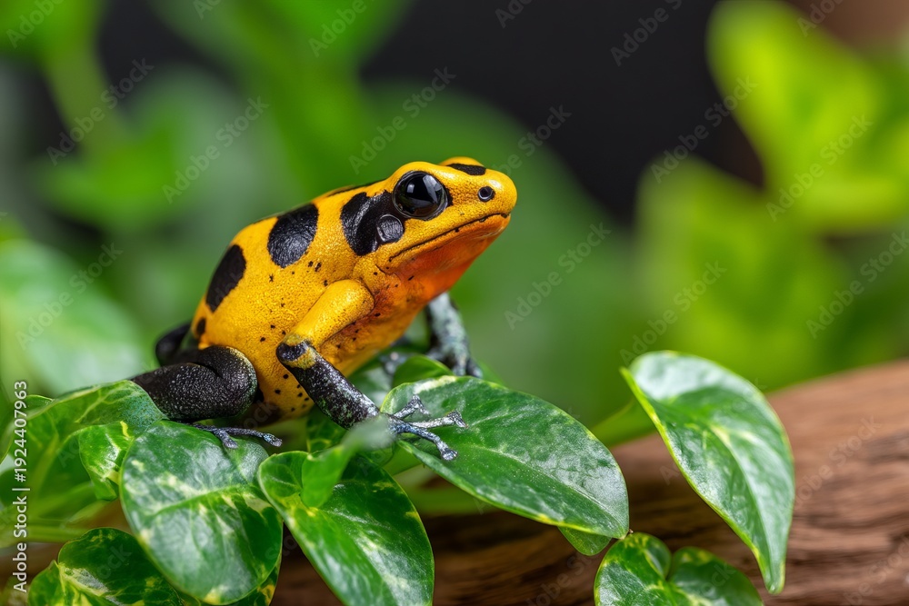 Fototapeta premium Bright Yellow Frog on Green Leaves in Lush Natural Habitat