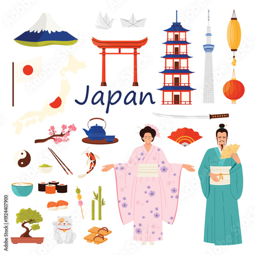 Travel to Japan set of culture elements. Japanese woman and man in traditional costumes, ancient shrines and Mount Fuji, samurai sword and geisha fan, map and flag of Japan cartoon vector illustration