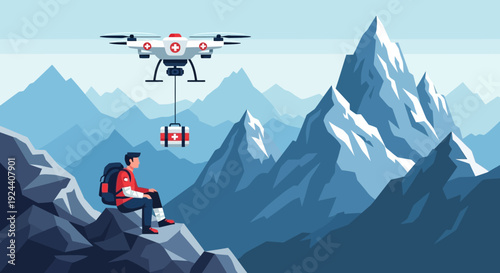 Drone hovering over rugged mountain landscape with climber enjoying panoramic view.