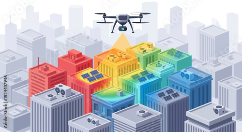 Colorful futuristic cityscape featuring a drone hovering over rainbow colored buildings and a modern skyline.