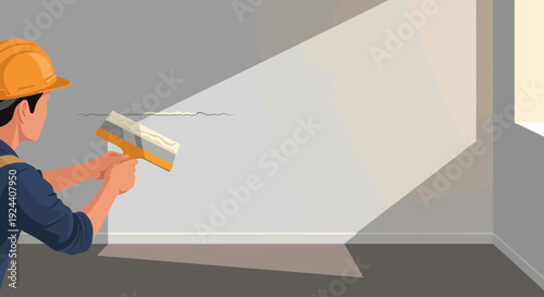 Construction Worker Plastering a Wall with a Trowel During Renovation Project.