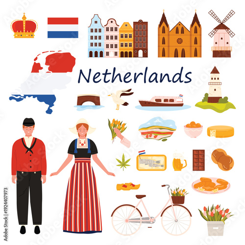 Travel to Netherlands set. Dutch people in traditional dress, flag and map of country, Holland culture elements and history landmarks of Amsterdam city, tulips and cheese cartoon vector illustration