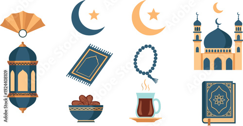 Ramadan kareem icons with mosque and lanterns