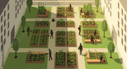 Urban rooftop garden with planters, greenery, and people exploring a modern courtyard.