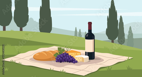 Idyllic outdoor picnic with bread, grapes, and wine on a blanket in the countryside.