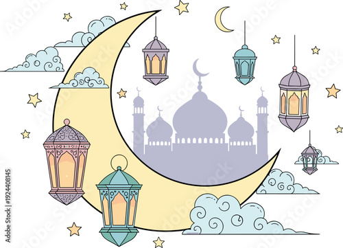Ramadan kareem illustration with mosque and lanterns at night