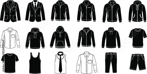 Men clothing icons set illustration, casual formal apparel collection, jackets shirts hoodies pants silhouettes vector isolatedMen clothing icons set illustration, casual formal 