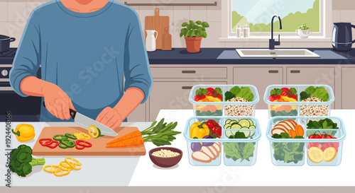 A person prepares fresh vegetables on a cutting board with organized trays of colorful produce in a bright kitchen, showcasing food preparation and meal assembly.