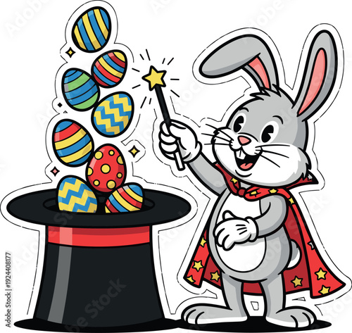 Magical easter bunny conjures colorful eggs from hat