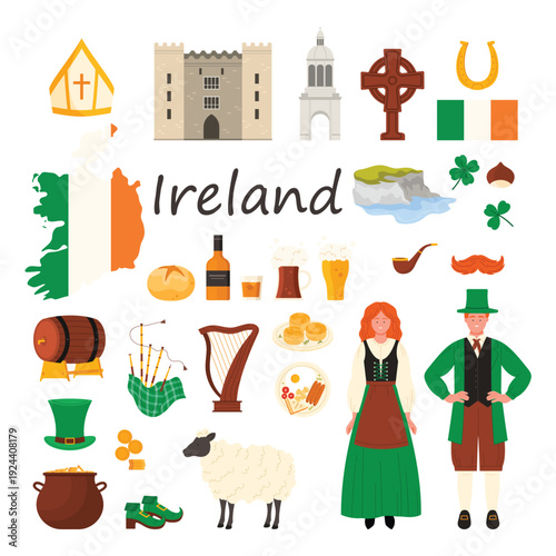 Culture elements of Ireland, food and drink, Saint Patricks day set. Irish people in traditional dress, harp and bagpipe, green shamrock, hat and shoes of leprechaun cartoon vector illustration