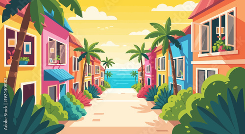 Vibrant tropical coastal street with colorful cottages and palm trees leading to the ocean.