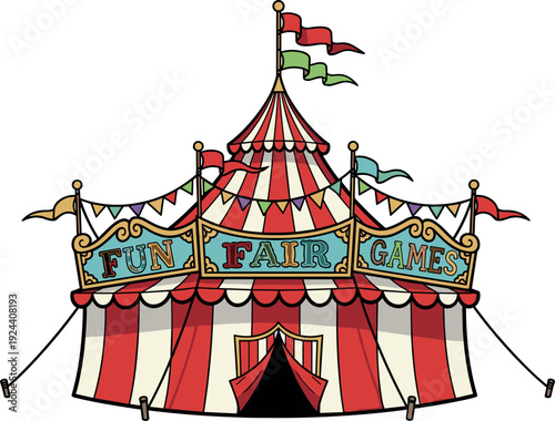 Colorful illustration of a carnival funfair game tent