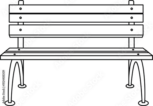 Park bench line art, outdoor furniture icon, black vector sketch, public seating, minimal design, urban element, wooden slats, bench silhouette, architectural detail, street furniture, simple bench