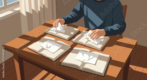 Illustrated scene of a person studying at a wooden desk with open books and sketches.
